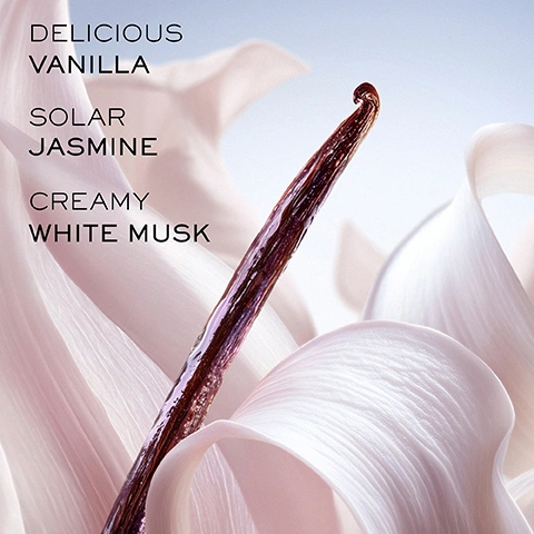 Image 1 - A dark brown vanilla bean pod is positioned diagonally over soft, light pink and white petals with a light blue background, featuring the text DELICIOUS VANILLA, SOLAR JASMINE, CREAMY WHITE MUSK. Image 2 - A tall pink Lancôme Hair & Body Mist bottle stands next to a square pink Lancôme Eau de Parfum bottle adorned with a glittery pink bow, featuring the text Wear alone or layer with your Eau de Parfum, Lancôme Paris, La vie est belle Vanille Nude, and Hair & Body Mist. Image 3 - A pink Lancôme hair and body mist bottle stands next to a larger pink Lancôme perfume bottle with a sparkly pink ribbon, accompanied by a vanilla bean pod and translucent white petals against a light blue background with the text Lancôme Paris, La vie est belle, Vanille Nude, Hair & Body Mist, Deliciously Portable For Easy Refreshment On The Go. Image 4 - Three Lancôme La vie est belle hair and body mist bottles in dark pink, peach, and light pink, adorned with water droplets, are set against a backdrop of floating raspberries, white iris flowers, dark pink petals, and vanilla pods, displaying the text LANCOME PARIS La vie est belle LELIXIR HAIR & BODY MIST, LANCOME PARIS La vie est belle LORIGINAL HAIR & BODY MIST, LANCOME PARIS La vie est belle VANILLE NUDE HAIR & BODY MIST, and Mix and Match to Create Your Personalised Scent. Image 5 - The image displays three Lancôme Paris La vie est belle Hair & Body Mist bottles: LOriginal, a light pink bottle surrounded by white flowers and caramel cubes, with notes of Iris, Caramel, Patchouli; Vanille Nude, a light pink bottle with a vanilla bean and flowing white fabric, featuring Jasmine, Vanilla, Musk; and LElixir, a dark pink bottle with dark red petals and raspberries, highlighting Raspberry, Cocoa Butter, Violet notes, all presented under the text Discover New Delicious Ways to Smile Our Three New Gourmand Expressions.