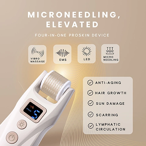 Image 1 - A white handheld microneedling device with a spiked roller and a digital display showing EMS 5 is on a beige background with abstract glowing lines, accompanied by text Microneedling, Elevated, Four-in-one Proskin Device, Vibro Massage, EMS, LED, Micro Needling, Anti-Aging, Hair Growth, Sun Damage, Scarring, Lymphatic Circulation. Image 2 - A white SENSSE skin care device with a roller head emits yellow energy lines into a cross-section of skin, with the text ENERGISE CELLS, REPAIR. RESTORE. HEAL CELLS, 5 INTENSITIES GALVANIC EMS, Bio-electric energy repairs skin cells and boosts collagen for a firmer, healthier complexion. Image 3 - Two microneedle roller heads with tiny needles are displayed against a beige background with text that reads 0.25MM PRECISION HEAD FOR BRIGHTER, SMOOTHER SKIN, 540 TITANIUM MICRONEEDLES, *INCLUDES X2 MICRO HEADS. Image 4 - Two white handheld skin treatment devices are shown, one with a red glowing roller and the other with a blue glowing roller, alongside the text: BLUE & RED LED FOR BRIGHTER. SMOOTHER SKIN. RED light boosts collagen and soothes skin. BLUE light targets blemish bacteria. Together, they calm, clear and renew for skin for that SENSSE glow. 630nm 465nm. Image 5 - A comparison chart shows a light-colored Sensse device on the left with text SENSSE, checkmark MULTIFUNCTIONAL, FULL SKIN RENEWAL, checkmark 2 LED LIGHT MODES, checkmark GENTLE, FAST RESULTS GLOWING, CALMER SKIN, next to a VS. icon, and a darker micro-needling roller on the right with text OTHER, X-mark MICRONEEDLING ONLY SINGLE SKIN BENEFIT, X-mark NO LED MODES, LIMITED SKIN REPAIR, X-mark OFTEN PAINFUL LONGER RECOVERY.
