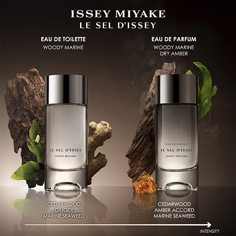 Two Issey Miyake Le Sel dIssey fragrance bottles are displayed, the left an Eau de Toilette Woody Marine with Cedarwood Ginger Marine Seaweed notes, and the right an Eau de Parfum Woody Marine Dry Amber with Cedarwood Amber Accord Marine Seaweed notes, set against a dark background with wood, ginger, seaweed, and amber, with an arrow pointing right labeled Intensity.