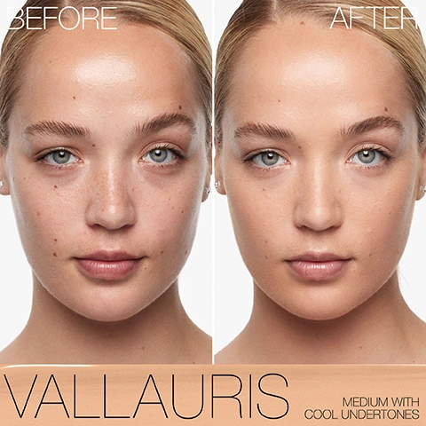 Image 1 - A womans face is shown in a split image, with the left side labeled BEFORE showing her natural skin with freckles and some redness, and the right side labeled AFTER showing her skin with smooth, even-toned makeup, above a foundation swatch labeled VALLAURIS MEDIUM WITH COOL UNDERTONES. Image 10 - A grid displaying 12 different foundation shades on diverse models, each with a corresponding foundation swatch and description: LIGHT SIBERIA Very light with warm undertones OSLO Very light with cool undertones YULONG Very light with neutral undertones, and a light pink tone MONT BLANC Very light with neutral undertones GOBI Light with warm undertones, and a light yellow tone LIMA Light with neutral undertones SALZBURG Light with warm undertones, and a peach tone BRUGES Light with warm undertones DEAUVILLE Light with neutral undertones, and a light peach tone VIENNA Light with cool undertones FIJI Light to medium with warm undertones. Image 11 - Seven dark-skinned models display various foundation shades, each with a corresponding color swatch and detailed description; the visible text reads: MEDIUM-DEEP TO DEEP, Seville Medium-deep to deep with warm undertones, Caracas Medium-deep to deep with warm undertones, and a red tone, Lagos Medium-deep to deep with neutral undertones, Macao Medium-deep to deep with warm undertones, and a olive tone, Marquises Medium-deep to deep with warm undertones, and a red tone, Perth Medium-deep to deep with neutral undertones, and an olive tone, Alexandria Medium-deep to deep with neutral undertones. Image 12 - A grid of ten dark-skinned women demonstrating various deep foundation shades with accompanying text labels: DEEP, NEW CALEDONIA Deep with warm undertones, and an olive tone, LA SERENA Deep with cool undertones, IGUAÇU Deep with neutral undertones and an olive tone, NAMIBIA Deep with warm undertones, and a red tone, TIMARU Deep with neutral undertones, ZAMBIE Deep with warm undertones, MALI Very deep with neutral undertones, ANGUILLA Very deep with neutral undertones, and an olive tone, PORT LOUIS Very rich deep with neutral undertones, and a red tone, AMBATO Very rich deep with neutral undertones. Image 2 - Four arms with varying skin tones, from light to dark, display rows of foundation swatches, each labeled with a name: Siberia, Yangyang, Oslo, Kailash, Yulong, Gion, Mont Blanc, Gobi, Lima, Salzburg, Bruges, Deauville, Vienna, Fiji, Punjab, Patagonia, Vallauris, Santa Fe, Lanai, Sahel, Stromboli, Porto, Vanuatu, Córdoba, Barcelona, Valencia, Aruba, Syracuse, Phoenix, Tahoe, Moorea, Cádiz, Seville, Caracas, Lagos, Macao, Marquises, Perth, Alexandria, New Caledonia, La Serena, Iguaçu, Namibia, Timaru, Zambie, Mali, Anguilla, Port Louis, Ambato. Image 3 - A NARS foundation bottle with a black cap and the NARS logo is displayed next to text stating HELPS VISIBLY IMPROVE SKIN TEXTURE With Niacinamide, DIMINISHES THE LOOK OF PORES With Peptides, and SEAMLESSLY BLURS IMPERFECTIONS With Instant Filter Powder, against a background of a clear liquid drop and two piles of cosmetic powder. Image 4 - A multi-panel image shows before-and-after split comparisons of womens faces demonstrating product effects on skin concerns, including BLURS PORES, CONTROLS OIL, CONCEALS IMPERFECTIONS AND BLEMISHES, and VISIBLY SMOOTHS SKIN TEXTURE. Image 5 - Close-up of a persons face showing an eye, nose, and mouth area with text overlaying 97% AGREE THIS FOUNDATION* Blurs pores and imperfections Feels weightless, breathable, and comfortable* Makes skin look immediately perfected and flawless* *Based on a consumer perception study of 71 subjects immediately after application. Image 6 - A five-step graphic showing NARS cosmetic products with their packaging, application examples, and descriptions: 1 SOFT MATTE PRIMER Help prepare skin for makeup application. NARS SOFT MATTE PRIMER. 2 NATURAL MATTE LONGWEAR FOUNDATION Blur imperfections and minimize the look of pores. NARS. 3 SOFT MATTE COMPLETE CONCEALER Conceal blemishes and smooth uneven texture. NARS. 4 SOFT MATTE ADVANCED PERFECTING POWDER + #15 PRECISION POWDER BRUSH Refine the look of skin and maintain a natural matte finish. NARS. 5 LIGHT REFLECTING™ MAKEUP SETTING MIST Prolong makeups wear and leave skin feeling supple. NARS LIGHT REFLECTING. Image 7 - A split image of a womans face demonstrates two foundation types, with the left side showing a matte finish and the right side a radiant finish, accompanied by NARS foundation bottles and text that reads: NATURAL MATTE LONGWEAR FOUNDATION Natural matte finish For oily, combo, & normal skin Blurs pores with oil and shine control, and NATURAL RADIANT LONGWEAR FOUNDATION Natural radiant finish For dry, combo, & normal skin All-day hydration and fade-resistant wear. Image 8 - A grid comparing five NARS foundation products, with the top row showing models faces with different skin tones, a NARS product bottle, and a foundation swatch for each, followed by a detailed comparison including: NARS Natural Matte Longwear Foundation, Coverage Medium to Full, Finish Natural Matte, Benefit Blurs pores with oil and shine control, Best For Oily, Combo, Normal; NARS Natural Radiant Longwear Foundation, Coverage Medium to Full, Finish Natural Radiant, Benefit All-day hydration and fade-resistant wear, Best For Dry, Combo, Normal; NARS Light Reflecting Foundation, Coverage Medium Buildable, Finish Natural Radiant, Benefit Improves skin clarity with long-term benefits, Best For Dry, Normal; NARS Pure Radiant Tinted Moisturizer SPF 30, Coverage Sheer Buildable, Finish Radiant, Benefit Brightens and protects with vitamin C, Best For Dry, Normal; and NARS Sheer Glow Foundation, Coverage Sheer Buildable, Finish Radiant, Benefit Boosts radiance and evens skin tone, Best For Dry, Normal. Image 9 - A grid of eight womens faces showcases different medium foundation shades, each with a corresponding swatch and text description: MEDIUM PUNJAB Medium with warm undertones, and a golden tone, PATAGONIA Medium with neutral undertones, and a light peach tone, VALLAURIS Medium with cool undertones, SANTA FE Medium with neutral undertones, LANAI Medium with neutral undertones, and a peach tone, SAHEL Medium with warm undertones, and a peach tone, STROMBOLI Medium with warm undertones, and a yellow tone, PORTO Medium with cool undertones, and a rosy tone.