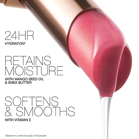 Image 1 - A rose gold lipstick tube dispenses shimmering pink lip product in a flowing stream, with text reading 24HR HYDRATION*, RETAINS MOISTURE WITH MANGO SEED OIL & SHEA BUTTER, SOFTENS & SMOOTHS WITH VITAMIN E, and *Based on a clinical study of 34 people. Image 2 - A close-up of glossy, moisturized reddish-pink lips on warm-toned skin with text that reads: 96% Say lips feel softer and smoother**, 100% Say it applies evenly and comfortably**, 96% Say buttery balm cushions lips with a non-sticky feel**, *Based on a clinical study of 34 people, **Based on an independent study of 54 people. Image 3 - Two NARS lip balms are shown side-by-side, one in a rose gold case and the other in a light pink case, both with pinkish balm extended, with text describing their features: BESTSELLING BALM NOW WITH A GLOW UP, 8-HOUR HYDRATION, TRADITIONAL WAXY TEXTURE, 24-HOUR HYDRATION* Based on a clinical study of 34 people, BUTTERY, NON-STICKY BALM, SOOTHES DRY LIPS & SMOOTHS TEXTURE OVER TIME. Image 4 - A grid displays NARS Afterglow lip products including a lip balm, lip shine, and sensual shine lipstick, showing their appearance, features, and effect on lips, with text reading: AFTERGLOW LIP BALM, SUBTLE SHINE, SHEEREST, 24-HOUR HYDRATION*, *Based on a clinical study of 34 people, AFTERGLOW LIP SHINE, HIGH SHINE, SHEER, SOFTENS AND NOURISHES, AFTERGLOW SENSUAL SHINE LIPSTICK, MEDIUM SHINE, MEDIUM, COMFORTABLE, BUILDABLE COLOR.