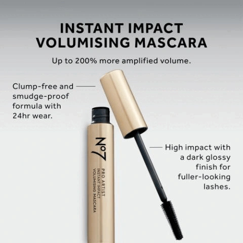 No7 volumising mascara with wand shown, promoting clump-free, smudge-proof 24-hour wear and dark glossy volume.