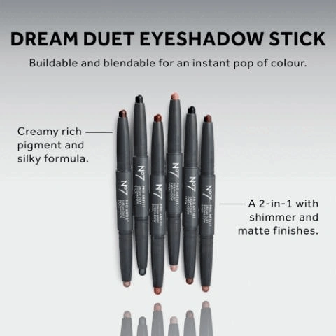 Swatches of multiple eyeshadow shades shown on three arms of different skin tones, demonstrating color range and finishes. Several dual-ended No7 Dream Duet eyeshadow sticks with matte and shimmer tips, shown with text describing their features.