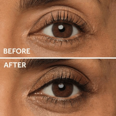 Three arms of different skin tones displaying swatches of four eyeshadow shades: Cool Cork, Warm Taupe, Forest Gold, Candlelight. Before, After. Open No7 eyeshadow palette with four neutral shades, featuring shimmers and mattes for blendable, long-lasting eye looks.