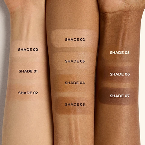 Image 1 - Three arms with light, medium, and dark skin tones display makeup swatches labeled Shade 00, Shade 01, Shade 02, Shade 03, Shade 04, Shade 05, Shade 06, Shade 07. Image 2 - A woman with dark hair and brown eyes gently touches her cheek, smiling slightly, with a white line indicating contour, and the text Sculpted Dimension Add depth with a shade 1-2 levels deeper. Image 3 - A grid of four models showcases foundation shades ranging from very fair to dark skin tones, each with a matching open compact, with the visible text SHEER TO MEDIUM Buildable Coverage UNRETOUCHED SHADE 00 SHADE 01 SHADE 02 SHADE 03. Image 4 - Four women with diverse skin tones model makeup shades, each portrait featuring an open compact with the corresponding powder, and the visible text reads SHEER TO MEDIUM Buildable Coverage UNRETOUCHED SHADE 04 SHADE 05 SHADE 06 SHADE 07. Image 5 - Two women, Sejal and Hanan, are shown wearing foundation makeup, with a compact of the product visible at the bottom center, and text reads Shades That Stretch and Flex, and SEJAL AND HANAN BOTH WEAR SHADE 04. Image 6 - A grid displaying makeup shades for three products: Tinted Blur Balm with shades 00, 01, 02, 03; Tinted Moisturizer Natural Dewy and Blurred Matte with shades 0N Silk, 1C Cameo, 1N Birch, 1W Blonde, 2C Oak, 2N Maple, 2W Citrine, 3C Fawn, 3N Sand, 3W Palomino; and Tinted Moisturizer Light Revealer with shades 0N1 Petal, 0W1 Pearl, 1C0 Cameo, 1W1 Porcelain, 2N1 Nude, 2W1 Natural, 3N1 Sand, 3W1 Bisque, under the main title Find Your New Shade. Image 7 - A cosmetic shade chart showing various brown and tan foundation shades organized by product type and shade number, with the text Find Your New Shade, Tinted Blur Balm, Tinted Moisturizer Natural Dewy and Blurred Matte, Tinted Moisturizer Light Revealer, 04, 05, 06, 07, 4C Hazel, 4N Teak, 4W Ochre, 5C Cedar, 5N Clay, 5W Terracotta, 6C Brunette, 6N Umber, 7C Sable, 7N Mahogany, 4C1 Almond, 4W1 Tawny, 5N1 Walnut, 5W1 Tan, 6C1 Cacao, 6N1 Mocha.