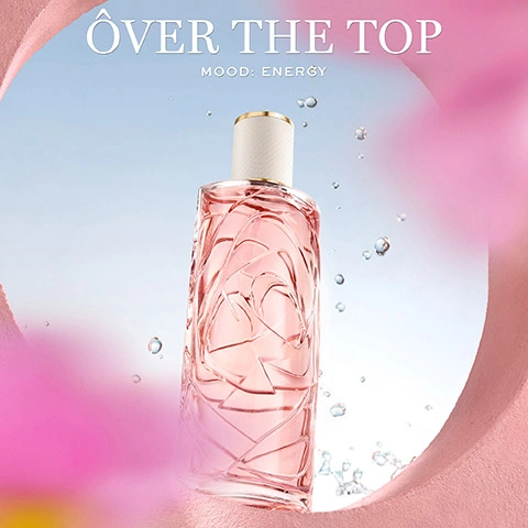 Image 2 - A pink perfume bottle with an etched design and a white and gold cap stands in front of a blue background with water splashes, framed by soft pink curves, displaying the text OVER THE TOP MOOD: ENERGY. Image 3 - Two pink perfume bottles, one upside down and one tilted, with gold caps embossed with LANCOME, are surrounded by water droplets, pink flowers, and green leaves in the background, with overlay text 76% CONSIDER THIS FRAGRANCE HELPS THEM FEEL REVITALISED* *SELF ASSESSMENT, 195 WOMEN. Image 4 - Close-up of pink flower petals and a green leaf covered in water droplets with a soft pink and white background, featuring the text JASMINE ABSOLUTE FROM LANCÔME DOMAINE DE LA ROSE, GRASSE and TOMATO LEAF ACCORD. Image 5 - Three ornate glass perfume bottles containing green, pink, and yellow liquids are partially submerged in splashing water with a pink textured background and blue sky, displaying the text THE MOOD BOOSTING FRAGRANCE COLLECTION.