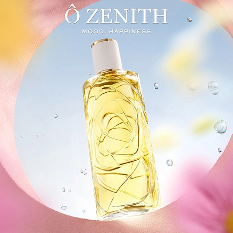 Image 1 - A rectangular glass perfume bottle with yellow liquid and an embossed rose pattern stands against a blue sky background with water droplets and pink framing, displaying the text Ô ZENITH MOOD: HAPPINESS. Image 2 - A close-up shot of a Lancôme perfume bottle with a gold base and white cap, filled with golden liquid, against a blurry background of yellow and blue, with the visible text Lancôme 81% consider this fragrance gives them a feeling of happiness *Self assessment, 194 women. Image 3 - A close-up of soft yellow and white flowers with clear water droplets on their petals, featuring the text JASMINE ABSOLUTE FROM LANCÔME DOMAINE DE LA ROSE, GRASSE and MONOI ACCORD. Image 4 - Three elegant fragrance bottles containing green, pink, and yellow liquids are displayed with water splashes and a pink wavy element against a blue background, with the text THE MOOD BOOSTING FRAGRANCE COLLECTION.