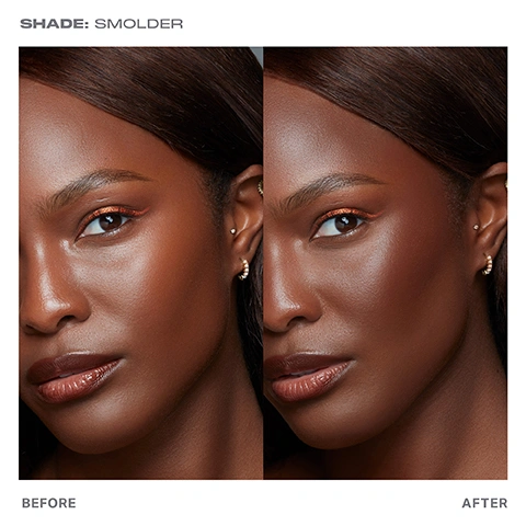 Image 1 - A split image shows a woman with metallic copper eyeliner and glossy lips, with the left side displaying her face before makeup application and the right side showing her face after contouring, with visible text SHADE: SMOLDER, BEFORE, and AFTER. Image 2 - Two Morphe makeup sticks, one open revealing a brown domed product and one capped, stand reflecting on a light surface with text on the left stating LUXE GLIDING Goes on smoothly. Melts in seamlessly. TEMPERATURE RISING Soft-matte hues add natural warmth and depth. LONG-LASTING In five richly pigmented shades that wont cake, crease, or fade.* *Based on a consumer perception study of 33 subjects. Image 3 - A person with blonde hair applies makeup to her cheekbone with a white brush, with text overlays indicating application areas: Glide across your forehead, Sofly sculpt along your cheekbones, Warm up your jawline, and the word Ignite. Image 4 - Five swatches of makeup shades ranging from light brown to dark brown are displayed with their names: FLICKER, IGNITE, SPARK, SIZZLE, SMOLDER. Image 5 - A product comparison table with the title PICK YOUR PRODUCT shows two bronzer products: SUDDEN HEAT CREAMY BRONZER STICK, represented by a white and gold stick with a brown makeup swatch, offers BEST FOR Effortlessly adding warmth and soft definition, FORMAT Super-soft rounded stick, COVERAGE Medium-buildable, and FINISH Natural matte; while HOT SHOT SUN DROPS, represented by a pinkish-brown dropper bottle with a brown makeup swatch, offers BEST FOR Providing a wash of warmth or enhancing skincare or foundation, FORMAT Waterweight liquid, COVERAGE Light-buildable, and FINISH Natural radiance. Image 6 - A creamy light brown foundation or concealer swatch with a matching spherical bead resting on it, on a white background. FLICKER Fair to light with warm, neutral undertones. Image 7 - A swatch of light brown foundation with a darker brown bead on top, displaying the text IGNITE Light to medium with neutral, slightly golden undertones. Image 8 - A swatch of medium brown makeup with a matching smooth spherical sample on top is displayed, labeled SPARK Medium to tan with warm, slightly neutral undertones. Image 9 - A spherical dollop of medium-rich brown makeup product rests on a swatch of the same color, labeled SIZZLE Tan to rich with warm red, slightly neutral undertones. Image 10 - A dark brown makeup swatch with a spherical product ball on a white background, with the text SMOLDER Rich to deep with warm, neutral undertones.