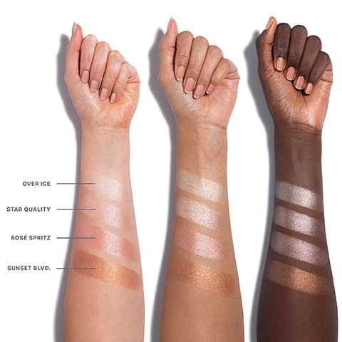 Image 1 - Three forearms with light, medium, and dark skin tones are shown with four horizontal swatches of glittery makeup on each, labeled from top to bottom on the leftmost arm: Over Ice, Star Quality, Rosé Spritz, Sunset Blvd. Image 2 - Four shimmery cosmetic containers in white, bronze, rose gold, and reddish tones are arranged around text that reads: SKIN-LOVING INGREDIENTS Infused with niacinamide and centella asiatica extracts known to nourish and soothe the skin. Image 3 - The image displays four cosmetic swatches in shimmery coral, white, dark bronze, and rose gold, next to product descriptions that read: RADIANT, MICROFINE-PEARL-INFUSED GLOW; BOUNCY, WATER-BASED FORMULA; GOES ON WITH A COOLING SENSATION.