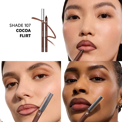Image 1 - Two brown lip liner pencils and a swatch are shown next to three models of diverse skin tones applying or wearing the lip liner, with text displaying Shade 107 Cocoa Flirt. Image 2 - Close-up of a person applying a reddish-brown lip liner labeled LOREAL PARIS COLOUR RICHE KISS SHAPER to their bottom lip, with product features listed on the left: UP TO 8HR WEAR*, 12H SECOND-SKIN WEAR, SMOOTH GLIDE APPLICATION, BLENDS EASILY, INSTANT 3D LIP SHAPING, and *consumer test, 103 women. Image 3 - A light brown lip liner pencil with YSL LOVENUDE KISS SHAPER written on it is displayed next to a blue Nigella flower, coffee beans, and oil droplets, with text labels indicating COFFEE SEED OIL, JOJOBA OIL, and BLACK NIGELLA SATIVA SEED. Image 4 - The image shows a comparison chart of ten makeup shades, with solid rectangular swatches under IF YOU LOVED... and thinner wavy swatches under TRY, listing the shades: IF YOU LOVED... 1 UNDRESSED PINK, 2 SASSY PEACH, 3 TAUPE FLIRT, 4 RED-HANDED, 5 APPLE SIN, 6 NAUGHTY PINK, 7 ILLICIT NUDE, 8 MAUVE-HAZE, 9 3AM ESPRESSO, 44 NUDE LAVALLIERE; TRY 1 UNDRESSED PINK, 102 TAN LINE, 103 BLUSHING NUDE, 104 BURNING MAUVE, 105 BURNT HONEY, 106 SPICY SMOKE, 107 COCOA FLIRT, 108 HAZEL ENIGMA, 109 SIENNA REBEL, 44 NUDE LAVALLIERE.