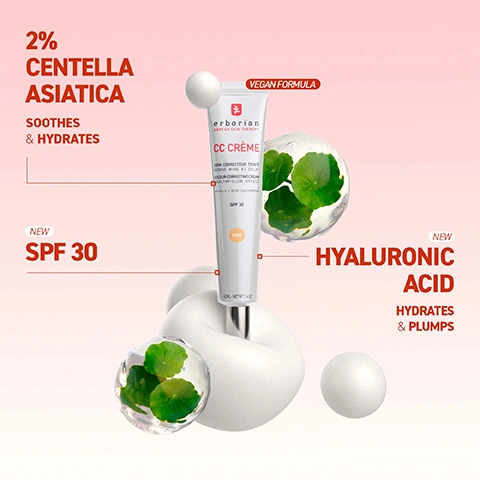 Image 5 - An Erborian CC Crème tube in a white and silver package stands upright, surrounded by white spheres and clear spheres containing green leaves, with text on the pink background stating 2% CENTELLA ASIATICA SOOTHES & HYDRATES, VEGAN FORMULA, NEW SPF 30, NEW HYALURONIC ACID HYDRATES & PLUMPS, and text on the tube reading erborian KOREAN SKIN THERAPY CC CRÈME SOIN CORRECTEUR TEINTÉ BONNE MINE ET ÉCLAT COLOUR-CORRECTING CREAM HEALTHY-GLOW EFFECT CENTELLA + ACIDE HYALURONIQUE SPF 30 DORÉ 40ML - NET WT. 1.4 OZ. Image 7 - A transparent bottle of Erborian Centella Cleansing Oil with a red top pump is presented with four surrounding ingredient callouts, displaying the text Erborian Korean Skin Therapy, Centella Cleansing Oil, Huile Demaquillante A La Centella Asiatica, Makeup Removing Oil with Soothing Centella Asiatica, 180 ML 6 FL. OZ, Sunflower Seed Oil rich in fatty acids to help to nourish the skin, Bisabolol known for soothing properties, Sweet Almond Oil known for its nourishing & softening properties, and Centella Asiatica Extract known for soothing properties.