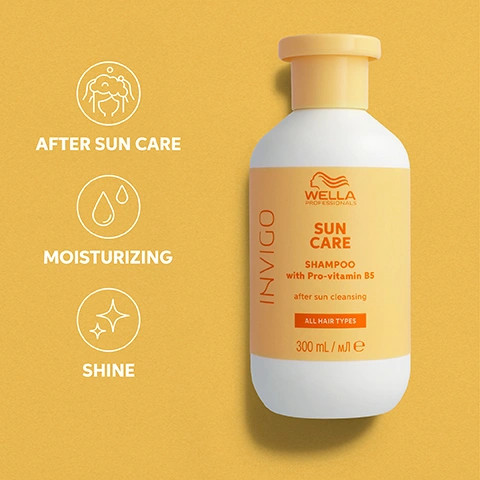 Image 1 - A white and yellow bottle of Wella Professionals Invigo Sun Care Shampoo is displayed on a yellow background, alongside icons describing its benefits: AFTER SUN CARE, MOISTURIZING, SHINE, and the bottle text reads: WELLA PROFESSIONALS INVIGO SUN CARE SHAMPOO with Pro-vitamin B5 after sun cleansing ALL HAIR TYPES 300 mL / мл е. Image 2 - A yellow Wella Professionals Sun Care conditioner tube is displayed on a textured yellow background, accompanied by icons representing product benefits: AFTER SUN REPAIR, NOURISHMENT, SHINE, and SOFT HAIR. The tube itself reads PROD: 04/2022, WELLA PROFESSIONALS SUN CARE CONDITIONER КОНДИЦИОНЕР with Pro-Vitamin B5, after sun express repair, direkt reparation, efter solexponering, экспресс-бальзам для волос, после пребывания на солнце, ALL HAIR TYPES, 200 ml / мл е. Image 3 - A hand sprays a yellow Wella Professionals Invigo Sun Care UV Protecting Spray bottle, with four white icons and text on the left describing its benefits: UV COLOR PROTECTION, MOISTURIZING, SOFT HAIR, SHINE, and the bottle also reads with Pro-vitamin B5, UV hair protection & hydration feel, ALL HAIR TYPES, 150 mL / мл e. Image 4 - Several golden, oval-shaped capsules are scattered on a white background, with text that reads PRO-VITAMIN B5 HELPS TO MOISTURIZE HAIR AFTER SUN EXPOSURE.