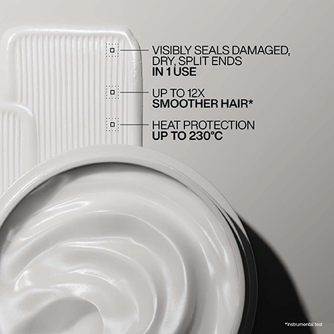 Image 1 - A close-up shows a white creamy product in a jar next to a ribbed white tube, with text indicating Visibly seals damaged, dry, split ends in 1 use, Up to 12x smoother hair*, Heat protection up to 230°C, and *instrumental test. Image 2 - A white Redken One United 25 Benefits multi-benefit treatment spray bottle is displayed next to a list of its features: 25 Benefit Leave-In Conditioner, Hydrates & Detangles, Heat Protection up to 230°C, with additional bottle label text that reads Redken 5th Avenue NYC, Protection, Shine, Anti-Frizz, Smoothness, Moisture, Definition, Softness, Beauty, All-in-One Multi-Benefit Treatment, Traitement Multi-Beneficios Todo en Uno, Pour Tous Les Cheveux, For All Hair Textures, 5 fl oz, 150 ml e. Image 3 - A split image shows a woman with long, reddish-brown hair: on the left, her hair is wavy and frizzy with the text BEFORE; on the right, her hair is smooth and styled in soft waves with the text AFTER ONE UNITED & HEAT STYLING. Image 4 - A split image shows a before and after comparison of dark brown hair; the before side shows dull, straight hair and the after side shows shiny, wavy hair, with visible text BEFORE, AFTER*, and *One use of Acidic Bonding Concentrate Shampoo, Conditioner, and Hair Bondage Balm. Image 5 - A hand holds a frizzy, dull strand of hair on the left, next to a hand holding a smooth, shiny strand of hair on the right, with the text BEFORE, AFTER*, and *One use of Acidic Bonding Concentrate Shampoo, Conditioner, and Hair Bandage Balm. Image 6 - A woman with wet, reddish-brown hair, wrapped in a white towel, sprays a bottle labeled 25 ONE UNITED into her hair, with text on the image reading REDKEN LABS 400 and SPRAY ON DAMP HAIR FOR BEST RESULTS. Image 7 - Hands are shown scooping a pea-sized amount of hair balm from a white jar labeled acidic bonding concentrate hair bandage balm, with text overlays stating Apply pea size amount directly to ends of clean, damp hair, and Redken Labs 400 and 45. Image 8 - A persons hand sprays a white Redken One United hair treatment bottle against a dark gray background, next to a testimonial from Grace Mardon, Hairstylist Percy & Reed Salon that reads LOVED BY PROS ONE OF MY PERSONAL FAVOURITES; ONE UNITED IS THE LEAVE-IN TREATMENT SPRAY THAT DOES IT ALL FROM PROTECTING, TO PRIMING AND CONDITIONING! The product label displays REDKEN ONE UNITED 25 BENEFITS ALL-IN-ONE MULTI-BENEFIT TREATMENT. Image 9 - The image displays a set of six white Redken Acidic Bonding Concentrate hair products, including Shampoo, Conditioner, Rinse-Off Mask, Night & Day Bond Repair Serum, Leave-In Conditioner, and Split End Repair, with the prominent text DAMAGE REPAIR FOR HEALTHIER LOOKING HAIR.