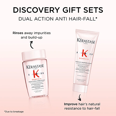 Image 1 - Two Kérastase Genesis hair care products, a pink shampoo bottle and a pink conditioner tube, are displayed on a light background under the heading DISCOVERY GIFT SETS DUAL ACTION ANTI HAIR-FALL*. The shampoo bottle is labeled KÉRASTASE PARIS K GENESIS BAIN HYDRA-FORTIFIANT CELLULES NATIVES DEDELWEISS + RACINE DE GINGEMBRE Shampooing fortifiant anti-chute Purifying anti-hair-fall shampoo Prone to falling due to breakage RECHERCHE AVANCÉE 80ml e 2.7fl.oz and is associated with the text Rinses away impurities and build-up. The conditioner tube is labeled KÉRASTASE PARIS K GENESIS FONDANT RENFORCATEUR CELLULES NATIVES DEDELWEISS + RACINE DE GINGEMBRE Conditionneur fortifiant anti-chute Hair-fall conditioner Prone to falling due to breakage RECHERCHE AVANCÉE 75ml e 2.5fl.oz A RINCER - RINSE-OUT and is associated with the text Improve hairs natural resistance to hair-fall. A small note at the bottom states *Due to breakage. Image 2 - Three clear test tubes display different liquid ingredients with droppers above; the first tube shows yellow liquid with yellow spheres and is labeled Ginger Root Extract and Caffeine, the second tube contains a red liquid dispersing, and the third tube features red liquid with red spheres and is labeled Aminexil. Image 3 - A black and white image shows a woman with long wavy hair and bangs looking directly at the viewer, accompanied by text on a gray background that reads GENESIS, 84% LESS HAIR FALL DUE TO BREAKAGE*, MORE FIBRE STRENGTH*, MORE HAIR RESILIENCE*, and in smaller print *LESS HAIR FALL DUE TO BREAKAGE. INSTRUMENTAL TEST ON BAIN NUTRI-FORTIFIANT + MASQUE RECONSTITUANT + SERUM ANTI-CHUTE FORTIFIANT OR AMPOULES CURE ANTI-CHUTE FORTIFIANTES, next to a collection of Kerastase hair products. Image 4 - A split-screen image shows a woman with frizzy hair on the left and smooth, healthy hair on the right, with close-up insets demonstrating the difference, and text that reads BEFORE, AFTER, and *Illustration of the anticipated results obtained after applying the products Genesis Bain Hydra-Fortifiant, Genesis Fondant Renforçateur, Genesis Défense Thermique, Genesis Anti-Fall Serum after one use. Results may vary from one individual to another. Image 5 - A smiling man with dark curly hair and a beard is shown in black and white, wearing a suit and white shirt, with the text GENESIS HOVIG ETOYAN Global Professional Ambassador Its so common for my clients to experience hair fall from breakage or thinning hair. Genesis addresses both causes of hair fall with its combination of ginger root and edelweiss native cells. Image 6 - A light pink background displays two Kérastase Genesis hair care products, a bottle and a tube, arranged side-by-side with two numbered steps below them, showing the text GENESIS ANTI HAIR-FALL FORTIFYING DUO KÉRASTASE PARIS K GENESIS BAIN HYDRA-FORTIFIANT Fortifying shampoo for weakened hair prone to falling due to breakage Cheveux affaiblis, tendance à tomber par la casse Fortifying anti hair-fall shampoo 250ml 8.5 FL.OZ. KÉRASTASE PARIS K GENESIS FONDANT RENFORÇATEUR Fortifying anti hair-fall conditioner for weakened hair prone to falling due to breakage Cheveux affaiblis, tendance à tomber par la casse Fortifying anti hair-fall conditioner A RINCER - RINSE-OUT 200ml 6.8 FL.OZ. 1 BATHE 2 TREAT.