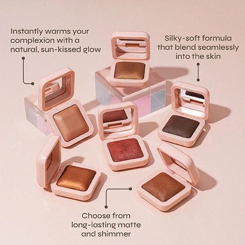Image 1 - Seven open square pink makeup compacts with various shades of bronzer or blush are scattered on a light pink surface, some on clear blocks, next to text that reads: Instantly warms your complexion with a natural, sun-kissed glow, Silky-soft formula that blend seamlessly into the skin, and Choose from long-lasting matte and shimmer. Image 2 - Three open square compacts display shimmery makeup in light pink, light gold, and bronze shades on a pink background, with text that reads Long-lasting radiant glow, Ultra pigmented, and Velvety-soft formula that melts into skin. Image 3 - A smiling woman with closed eyes holds up an open square compact containing bronze makeup, partially obscuring her face, with the text Lana wearing shade Santorini Sand. Image 4 - A person with shimmery pink blush and highlighter on their cheeks, wearing a gold hoop earring, smiles against a blurry ocean background with the text Sicily Sol Glow Milk Powder Bronzer. Image 5 - A collage showing three women with diverse skin tones demonstrating different shades of blush and highlight on their cheeks: one with light skin and pink blush, one with medium skin and peach blush, and one with dark skin and plum blush, next to text that reads Glimmer Glow Milk Powder Highlight + Lavish Lily Cream Blush. Image 6 - Three women with diverse skin tones, a light-skinned woman, an East Asian woman, and a dark-skinned woman wearing a hijab, all smiling and showcasing glowing skin with blush and highlight, next to a pink panel with text that reads Glowing Glow Milk Powder Highlight + Popping Peony Luminous Cream Blush.