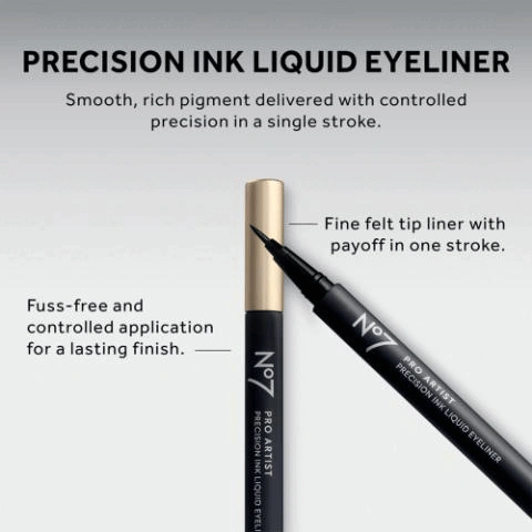 Before, After. No7 volumising mascara with wand shown, promoting clump-free, smudge-proof 24-hour wear and dark glossy volume.