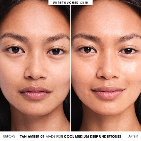 Image 1 - A split image showing a womans face before and after applying a product, with the left side displaying her natural skin and the right side showing a smoother, more even complexion, with text that reads UNRETOUCHED SKIN, BEFORE TAN AMBER 07 MADE FOR COOL MEDIUM DEEP UNDERTONES AFTER. Image 2 - A grid of four split-face before-and-after images displays skin improvements, with the overall title Evens & Enhances All Skin Types, and individual captions below each comparison reading Dull, Dry, Redness, and Texture. Image 3 - A young woman with curly hair smiles while text lists CLINICALLY PROVEN results: 48% improvement in skins hydration immediately*, 40% improvement in skins hydration over time*, 31% improvement in skins smoothness immediately*, *Based on an independent clinical study. Image 4 - A smiling woman with wavy blonde hair looks towards the viewer, with three statistics and claims written beside her on a blue background: 96% agree it smooths skin’s texture immediately**, 96% agree skin feels more hydrated after 8HRs of use**, and 93% agree it evens tone immediately**, with a footnote stating **Based on an independent consumer study. Image 5 - Three bareMinerals foundation sticks in dark, medium, and light shades are displayed with corresponding swatches of makeup and text that reads: 24HR NON-CAKEY WEAR*, DEWY, SECOND-SKIN FINISH, MELTS INTO SKIN & EVENS TONE*, GLIDE & GO MINERAL FORMULA, and *Based on an independent clinical study. Image 6 - The image displays three vertical panels, each showing natural ingredients and their associated skin benefits: the left panel features dark red acai berries on a branch, the middle panel presents dark grey and light yellow minerals, and the right panel shows translucent pink flakes and clear crystals, with the text GOOD-FOR-SKIN COVERAGE IN EVERY SWIPE, HELPS INCREASE SKINS HYDRATION Acai, HELPS STRENGTHEN SKINS BARRIER Magnesium, and HELP BLUR THE LOOK OF SKIN Silica and Mica. Image 7 - The image shows an array of makeup stick foundations in various skin tones, from light to dark, alongside a list of features titled FORMULA FACTS, which include Sweat-, humidity- and water-proof, Non-comedogenic, Non-acnegenic, Non-irritating, Dermatologist-tested, Silicone-free, Clean, vegan and cruelty-free. Image 8 - Foundation swatches displayed on five arms with varying skin tones, showing the shades Opal 01, Vanilla 02, Birch 1.5, Buttercream 03, Cashew 3.5, Natural Pecan 05, Suede 04, Ginger 06, Wheat 4.5, Bamboo 5.5, Dune 7.5, Tan Amber 07, Desert 6.5, Spice 08, Terra 8.5, Chestnut 09, Sienna 10, Cinnamon 10.5, Cedar 11, and Mahogany 11.5. Image 9 - A grid displays diverse models showcasing 20 shades of Complexion Rescue® Luminous Skin Tint Stick, organized by skin depth categories Fair, Light, Medium, Medium Deep, Deep, and undertones Cool, Neutral, Warm, with shades including Opal 01, Vanilla 02, Birch 1.5, Cashew 3.5, Buttercream 03, Bamboo 5.5, Suede 04, Wheat 4.5, Natural Pecan 05, Ginger 06, Dune 7.5, Tan Amber 07, Desert 6.5, Spice 08, Terra 8.5, Sienna 10, Cedar 11, Chestnut 09, Mahogany 11.5, and Cinnamon 10.5.