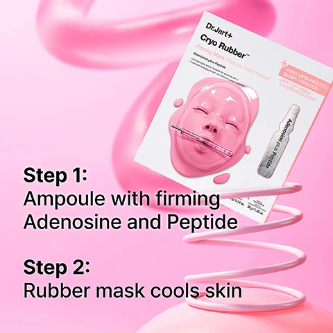 Image 1 - An image shows a Dr. Jart+ Cryo Rubber Firming Mask package with a pink rubber face mask and an ampoule, displayed on a pink background with a coiled stand, and includes text: Dr.Jart+ Cryo Rubber+ Firming Mask Masque Raffermissant Adenosine plus Peptide Effet lift visible + Hydratation éclat VISIBLY LIFTS + BOOSTS GLOWY HYDRATION 36g / 1.26 oz, and instructions: Step 1: Ampoule with firming Adenosine and Peptide Step 2: Rubber mask cools skin. Image 2 - A split image shows a womans face before treatment on the left with clear skin, and after treatment on the right with a visibly hydrated, dewy complexion, with text that reads Cryo Rubber™ Firming Mask, Cools, firms, smoothes fine lines, Before, and After. Image 3 - A woman applies a pink sheet mask to her face, with the lower half on and the upper half held above her head, against a pink background, with text Instantly firms skin and tightens visible pores.