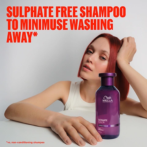 Image 1 - A woman with short red hair poses next to a purple Wella Professionals Ultimate Color shampoo bottle on a white surface, with prominent red text reading Sulphate Free Shampoo To Minimuse Washing Away* and a smaller disclaimer below reading *vs. non-conditioning shampoo. Image 2 - A purple Wella Professionals Ultimate Color shampoo bottle with Glycine and B5 is highlighted with its benefits: Colour Vibrancy, Scalp Soothing, Colour Safe, and Moisture, and the bottle label reads Wella Professionals Ultimate Color With Glycine & B5 Step 1 Shampoo 250 ML | 8.4 FL.OZ e. Image 3 - A woman with curly auburn hair holds a purple tube of Wella Professionals Ultimate Color conditioner; the image also displays text reading UP TO 86% LESS BREAKAGE* and *vs. non-conditioning shampoo. Image 4 - A dark purple, water-beaded tube of Wella Professionals Ultimate Color conditioner stands against a red and black background, with visible text on the tube reading WELLA PROFESSIONALS ULTIMATE COLOR WITH GLYCINE & B5 STEP 2 CONDITIONER 200 ML 6.7 FL OZ, and annotated features highlighted with text: Moisture, Anti-porosity, and Colour Safe. Image 5 - A person with vibrant red hair holds a purple Wella Ultimate Color Miracle Spray bottle, with text reading Up to 4X More Resistance To Breakage* *vs. non-conditioning shampoo. Image 6 - A purple Wella Professionals hair product bottle with a pump dispenser is displayed against a red and black background, featuring the label text Wella Professionals Ultimate Color With Glycine & B5 Step 2 Intense Miracle Leave-In Mask 95 ML 3.2 FL OZ, and additional text indicating the benefits of UV Protection, Anti-Breakage, Moisture, and Colour Safe. Image 7 - A hand holds a purple Wella Professionals Ultimate Color Pomegranate & B5 Leave-In Shine Spray bottle, which is actively spraying a mist to the left, with the text MIST TO ADD SHINE AND SMOOTHNESS. Image 8 - A split image showing the back of a persons red bob haircut, where the left side labeled BEFORE with non-conditioning shampoo depicts duller, slightly frizzy hair, and the right side labeled AFTER with Ultimate Color regimen shows vibrant, smooth, and shiny hair. Image 9 - An abstract background of shiny purple liquid or metallic spheres and swirls with text that reads GLYCINE & METAL PURIFIER, Shield hair, offering protection from damage due to free radicals, B5, Helps to replenish & retain moisture from scalp to ends.