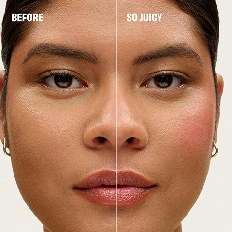 Image 1 - A split image of a womans face shows a before and after comparison, with the left side displaying natural makeup and the right side featuring pink blush and glossy lips, labeled BEFORE and SO JUICY respectively. Image 2 - A four-panel image displays close-ups of three different women with rosy cheeks and lips, next to a pink cosmetic stick with water droplets against a bright pink background, featuring the text Juice Stick Figgie. Image 3 - Five women model blush shades with their names Shellie, Crystah, Foxxy, Figgie, and Jam, next to an image of several colorful blush sticks. Image 4 - Three forearms with fair, medium, and dark skin tones display five rectangular blush swatches numbered 1 through 5, with the legend 1 Shellie, 2 Crystah, 3 Foxxy, 4 Figgie, 5 Jam. Image 5 - An open pink makeup stick, featuring a shimmery dark pink product and water droplets, stands against a vibrant pink background with white text that reads JUICE STICK dewy gel blush Juicy, dewy flush Instant cooling sensation All-day wear & hydrating Sheer & buildable. Image 6 - Several colorful stick cosmetic products, covered in water droplets with dynamic splashes, are set against a vibrant pink background, featuring text that reads Goji berry seed oil rich in essential fatty acids, helps skin feel nourished and Coconut water helps deliver an instant refreshing cooling effect. Image 7 - A coral pink cosmetic stick with a dark berry red product visible at the bottom, and a light purple top, on a pink background, with text that reads Keep Juice Stick fresh & protected. Seal with the inner lid, then twist & lock the airtight cap. Image 8 - A pink background displays a top row of four square makeup compacts with loose powder swatches above them, and a bottom row of four matching stick blushes, with visible text reading IF YOU LIKE... benefit shellie 6g Net wt. 0.21oz. benefit crystah 6g Net wt. 0.21oz. benefit terra 6g Net wt. 0.21oz. benefit moone 6g Net wt. 0.21oz. YOULL LOVE... Shellie Crystah Foxxy Jam. Image 9 - The image displays four distinct cheek colour textures and products on a light background: a bright red liquid labeled BENETINT Sheer, buildable tint, a rosy pink liquid labeled PLAY DAZE Airy liquid blush, a shimmery orange gel labeled JUICE STICK Dewy gel blush, and a pile of red powder labeled POWDER BLUSH Silky-soft, utra-fine, with the central text 4 WAYS TO DO CHEEK COLOUR.
