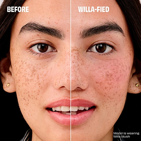 Image 1 - A split image shows a womans face, left side before blush application with natural skin and freckles, right side after showing pink blush on her cheeks and rosier lips, with text reading BEFORE, WILLA-FIED, and Model is wearing Willa blush. Image 2 - A split image shows a womans face before and after applying bronzer, with visible text Before on the left, Bronzed Up on the right, and Model is wearing Hoola Original at the bottom right. Image 3 - A split image shows a close-up of a persons eye and cheek, with the left panel displaying natural eyelashes and the right panel showing the same eye with visibly volumized and lengthened eyelashes from mascara, with the text BEFORE on the left, TOTALLY BANGIN on the right, and No Retouching at the bottom right. Image 4 - A black Benefit Badgal Bang mascara tube with the text benefit BAD gal BANG! on it, and its spiky wand are displayed with a pink starburst background, accompanied by feature descriptions: 360 REACH The custom Slimpact! brush reaches root-to-tip and corner-to-corner, LIGHTWEIGHT AERO-PARTICLES Derived from space technology (no, seriously), this wont weigh down lashes, and BUILDABLE VOLUME Each coat goes on smoothly, so you can layer away for bigger, BADDER impact. Image 5 - A black mascara wand and a thick swipe of black mascara are shown above two distinct piles of powdered makeup, one reddish-pink and one light brown, with the text BADGAL BANG!, WILLA, HOOLA.
