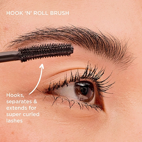 Image 1 - A close-up of a persons eye with a mascara wand applying product to the long, curled upper lashes, featuring text that reads HOOK N ROLL BRUSH and Hooks, separates & extends for super curled lashes. Image 2 - A split image of a womans face showing her right eye and cheek, with the left side depicting natural lashes and the right side showing curled and lengthened lashes, with the text BEFORE on the left and HEY, CURL on the right.