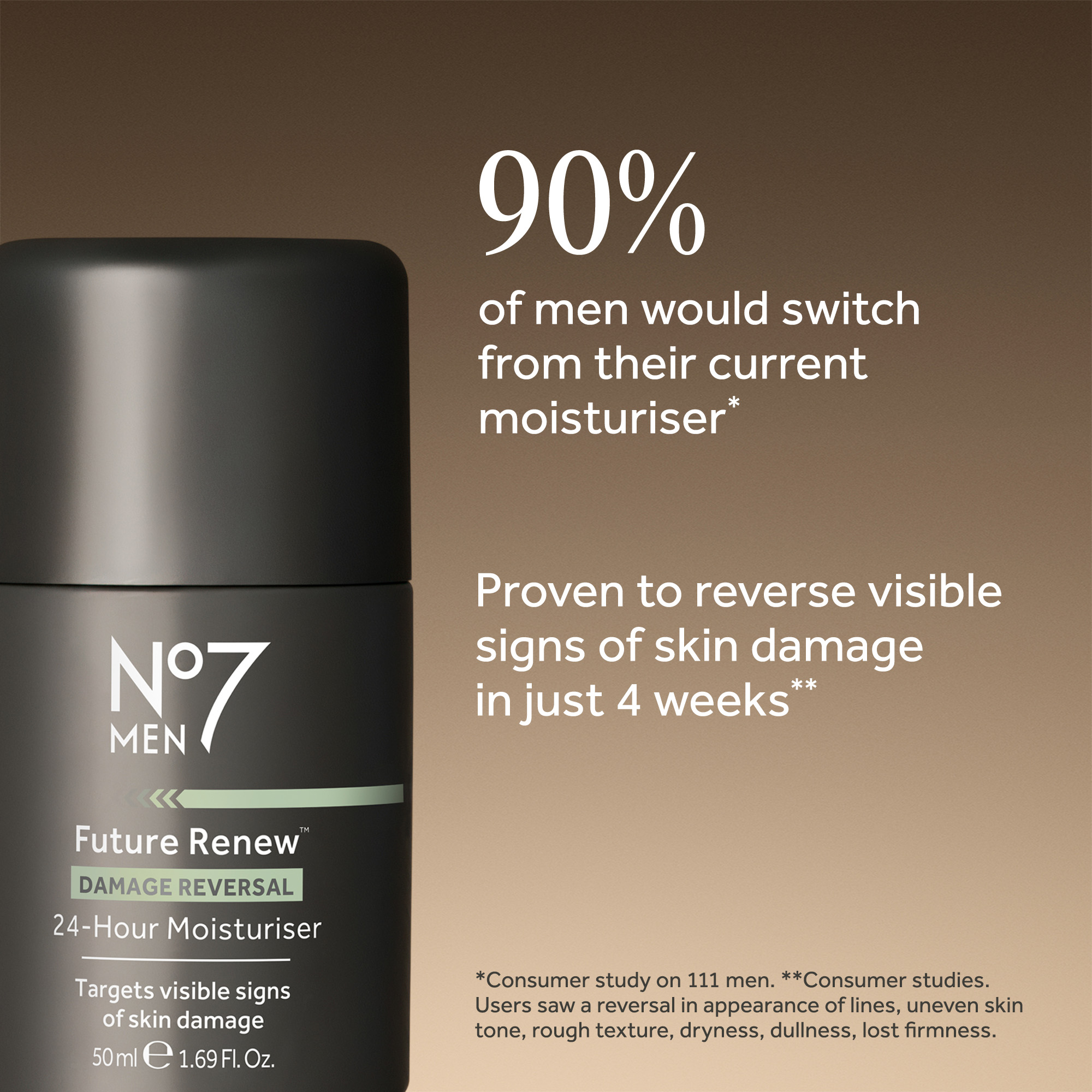 Black jar of No7 Men Future Renew moisturiser with text about men switching and results in four weeks.