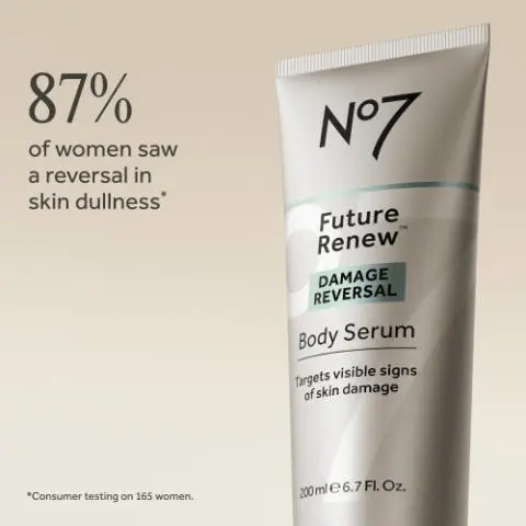No7 Future Renew body serum with text saying 87% of women saw a reversal in skin dullness. Cream texture background with text stating non-greasy, easily absorbed and suitable for sensitive skin.