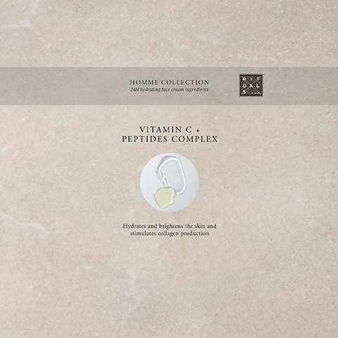 A beige textured background features a grey banner across the top with a RITUALS logo on the right, displaying text HOMME COLLECTION, 24H hydrating face cream ingredients, below which is text VITAMIN C + PEPTIDES COMPLEX and a white circle containing clear and yellowish liquid drops, followed by text Hydrates and brightens the skin and stimulates collagen production.
