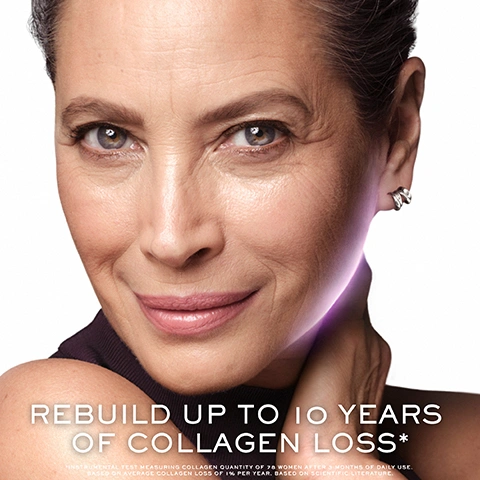 Image 1 - A close-up of a smiling middle-aged woman with some wrinkles around her eyes and mouth, wearing a dark top and an earring, with a subtle purple glow on her neck, accompanied by the text: REBUILD UP TO 10 YEARS OF COLLAGEN LOSS* * INSTRUMENTAL TEST MEASURING COLLAGEN QUANTITY OF 28 WOMEN AFTER 3 MONTHS OF DAILY USE. BASED ON AVERAGE COLLAGEN LOSS OF 1% PER YEAR. BASED ON SCIENTIFIC LITERATURE. Image 2 - A purple and pink jar of Lancôme Renergie Collagen Lift-Xtend Cream with radiating red lines on the lid, set against a light background with red glow at the bottom, displays text that reads Lancôme Renergie Collagen® Lift-Xtend Cream Crème Hautement Raffermissante, Effet Tenseur Highly Tightening & Firming Cream 9/10 Agree Skin Feels Firmer* *Self Assessment, 12 Weeks, 78 Women. Image 3 - Abstract visual of glowing, interwoven red and purple-pink strands against a dark background, with text reading OUR MOST ADVANCED COLLAGEN COMPLEX, FORMULATED WITH: COLLAGEN PEPTIDES, COLLAGEN FRACTIONS, COPPER TRIPEPTIDES, TO DELIVER INSTANT FIRMNESS AND LIFTED LOOK. Image 4 - A before and after comparison shows a womans forehead with visible glabella wrinkles in the BEFORE image and visibly reduced wrinkles in the AFTER* image, with text that reads VISIBLY REDUCES GLABELLAR WRINKLE APPEARANCE, *INDIVIDUAL RESULTS (8 WEEKS DAILY USE). INDIVIDUAL RESULTS WILL VARY., and a jar of Lancôme Rénergie Collagen Lift Stand Cream. Image 5 - A close-up of a pale pink, thick, creamy substance forming thread-like peaks and drips against a white background, with the text THREAD-LIKE TEXTURE INSPIRED BY LIFTING TECHNIQUES. Image 6 - A purple Lancôme Renergie Collagen Lift-Xtend Cream jar with its lid hovering above, showing the pink cream inside, advertises Lifting and Tightening Effect, Up to +57% Tighter Skin in 4H**, and Up to +27% Firmer Skin in 4H**, featuring the product name Lancôme RÉNERGIE Collagen LIFT-XTEND CREAM and footnotes *Instrumental test measuring collagen quantity of 78 women after 3 months of daily use. Based on average collagen loss of 1% per year. Based on scientific literature. **Instrumental test, 40 women. Image 7 - The image presents a Lancôme skincare routine organized into AM and PM sections, each featuring three products, with visible text including YOUR FIRMING AND RADIANCE AM AND PM ROUTINE, AM, Step 1. H.C.F. SERUM, Step 2. COLLAGEN CREAM, Step 3. SPF50+, PM, Step 1. 0.3% RETINOL SERUM, Step 2. COLLAGEN CREAM, Step 3. EYE CREAM.