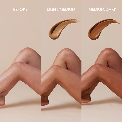 Image 1 - A three-panel image displays legs with skin tones progressing from light to a medium tan and then a deep bronze, accompanied by a medium brown product swatch above the middle section and a dark brown product swatch above the right section, with the text BEFORE, LIGHT/MEDIUM, MEDIUM/DARK. Image 2 - Two copper-colored tubes of Gatineau Golden Glow Blurring Body Bronze lotion stand on a reflective surface against a soft brown background with product benefits listed above: Instantly blurs and perfects skin, Risk free, effortless, streak free, sunless tan, Transfer resistant finish, Infused with skincare ingredients to hydrate, smooth and condition skin, Can be washed off any time, Suitable for sensitive skin; the left tube is labeled Gatineau Paris Golden Glow Blurring Body Bronze Soin Bronzant Corps Perfecteur Medium / Dark, An instant tanning, body blurring cream with Shea Butter, Vitamin C, Hyaluronic Acid & Hint of Golden Glow, 150 mL e 5.0 US FL. OZ; and the right tube is labeled Gatineau Paris Golden Glow Blurring Body Bronze Soin Bronzant Corps Perfecteur Light / Medium, An instant tanning, body blurring cream with Shea Butter, Vitamin C, Hyaluronic Acid & Hint of Golden Glow, 150 mL e 5.0 US FL. OZ. Image 3 - A before and after image showing a persons bare legs, the left side displaying lighter skin with the text BEFORE, and the right side displaying darker, tanned skin with the text AFTER, overlaid with a circle containing the text LIGHT/ MEDIUM. Image 4 - A persons bare legs are shown against a plain background, with the left leg appearing lighter and the right leg appearing tanned, accompanied by a white circle with the text LIGHT/ MEDIUM. Image 5 - Two rose gold tubes of Gatineau Golden Glow Blurring Body Bronze Perfecteur, one GATINEAU PARIS GOLDEN GLOW BLURRING BODY BRONZE PERFECTEUR LIGHT/MEDIUM 150ml e 5.0 US FL. OZ. and one GATINEAU PARIS GOLDEN GLOW BLURRING BODY BRONZE PERFECTEUR MEDIUM/DARK 150ml e 5.0 US FL. OZ., are angled against a warm background, next to a list of product claims including 100% said the product applied smoothly and evenly, 100% said the product lasted until it was washed off, 99% said they felt confident enough to expose legs while wearing this product, 99% said the product remained streak free whilst wearing, 97% said it was sweat resistant, and *Based on an independent user trial of 67 women aged 25-65. Image 6 - Two tubes of Gatineau Paris Golden Glow Blurring Body Bronze Soin Bronzant Corps Perfecteur, one labeled Light / Medium and the other Medium / Dark, both 150ml e 5.0 US FL. OZ., are displayed on a background of bronze and tan cream swatches, with four circular icons above them stating TRANSFER RESISTANT, DERMATOLOGIST TESTED, SUITABLE FOR SENSITIVE SKIN, and SUITABLE FOR ALL SKIN TONES. Image 7 - Two swatches of liquid makeup foundation, one light brown labeled Light / Medium and one dark brown labeled Medium / Dark, are displayed on a light background. Image 8 - Three pairs of legs with varying skin tones shown, with the text LIGHT/MEDIUM appearing above the middle pair. Image 9 - Six women stand in a line, displaying a range of skin tones on their legs and lower torsos, with visible text reading LIGHT/MEDIUM and MEDIUM/DARK.