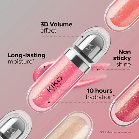 Image 7 - A pink KIKO MILANO glitter lip gloss tube with a silver cap is at the center, surrounded by other lip glosses, with text describing its features: 3D Volume effect, Long-lasting moisture*, Non sticky shine, 10 hours hydration*, *Clinical and instrumental test.