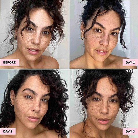 Image 1 - Four images in a grid show a woman with dark curly hair and freckles on her face, labeled BEFORE, DAY 1, DAY 2, and DAY 3. Image 2 - A pink Quick Glow spray bottle is shown with the text Gradual Tan Infused Skincare, and additional text on the bottle including The Quick Flick, Quick Glow, 2 in 1 Gradual Tan Serum Spray, Niacinamide, Antioxidants, Hyaluronic Acid, Skin Barrier Support, 100ml / 3.38fl.oz, along with highlighted ingredients 100% Natural DHA, Kakadu Plum, Vitamin B5, Hyaluronic Acid, Antioxidants, and Niacinamide. Image 3 - A split image shows a woman before and after using a tanning product, with her fair skin on the left side transforming to a golden tan on the right, as she holds a pink and gold spray bottle labeled The Quick Flick QUICK GLOW 2 IN 1 GRADUAL TAN SERUM SPRAY NIACINAMIDE ANTIOXIDANTS HYALURONIC ACID SKIN BARRIER SUPPORT 100ml / 3.38fl.oz, with the text BEFORE on the bottom left and AFTER on the bottom right. Image 4 - The image shows a four-panel grid of a womans face with dark hair and blue eyes looking straight ahead, displaying changes over time with text overlays BEFORE, DAY 1, DAY 2, DAY 3.