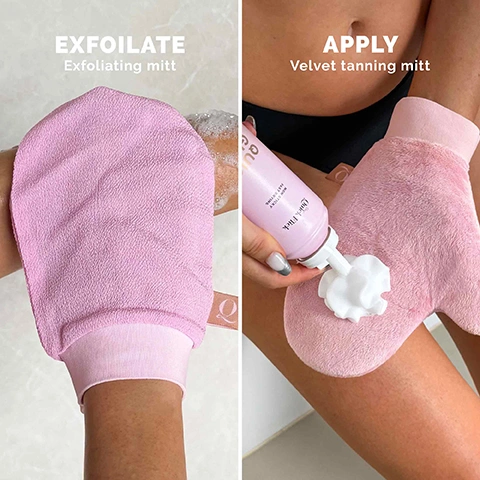 Image 1 - A split image shows a two-step process: on the left, a hand wearing a pink exfoliating mitt with suds and the text EXFOILATE Exfoliating mitt; on the right, a hand wearing a pink velvet tanning mitt with tanning foam being dispensed onto it from a bottle labeled The Quick Flick NON STICKY FAST DRYING, with the text APPLY Velvet tanning mitt. Image 2 - The image displays two pink mitts, one textured and one smooth, both with a Quick Flick label, against a pink tiled background, with overlaying text that reads TWO MITTS ONE FLAWLESS GLOW, Prep & buff away dry or dead skin, and Smooth, streak-free tanning application.