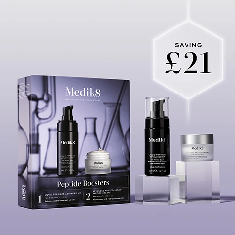 Image 1 - A Medik8 Peptide Boosters skincare box set featuring a black pump bottle and a silver jar is displayed alongside the same individual products on clear blocks against a purple background, with visible text Medik8 RESULTS WITHOUT COMPROMISE Peptide Boosters 1 LIQUID PEPTIDES ADVANCED NP FULL SIZE 30mL / 1.0 fl.oz. Reduces visible deep-set wrinkles 2 ADVANCED PRE-COLLAGEN+ PEPTIDE CREAM 15mL / 0.5 fl.oz. Rejuvenates and visibly smooths skin Medik8 LIQUID PEPTIDES ADVANCED NP MULTI-PEPTIDE AGE-DEFYING SERUM WITH DRONE TARGETING 30mL / 1.0 fl.oz. Medik8 ADVANCED PRE-COLLAGEN+ PEPTIDE CREAM AGE-DEFYING PEPTIDE CREAM 15mL / 0.5 fl.oz. SAVING £21. Image 2 - Two Medik8 skincare products, a black pump bottle for serum and a silver jar for cream, are displayed on clear pedestals against a light purple background, with text that reads AM PM YOUR DAILY LIFTING & HYDRATING DUO, STEP 1: Serum, Medik8 LIQUID PEPTIDES ADVANCED MP Anti-Wrinkle Serum 30% Multi-Peptide Complex with Growth Factors Dual MiniProteins 30mL e / 1.0 FL Oz, and STEP 2: Rejuvenating Moisturiser, Medik8 ADVANCED PRO-COLLAGEN PEPTIDE CREAM Rejuvenating Anti-Wrinkle Moisturiser with GF Modulators & NAD+ Boost. Image 3 - The image displays a black Medik8 Liquid Peptides Advanced MP pump bottle and a frosted Medik8 Advanced Pro-Collagen+ Peptide Cream jar with white product samples in clear glass dishes on a purple background, and includes text: LIQUID PEPTIDES ADVANCED MP Plumps & firms your skin, ADVANCED PRO-COLLAGEN+ PEPTIDE CREAM Delivers deep hydration & supports collagen, Medik8 LIQUID PEPTIDES ADVANCED MP Anti-Wrinkle Serum 30% Multi-Peptide Complex with Growth Factors 30mL e / 1.0 FL.OZ., and Medik8 ADVANCED PRO-COLLAGEN+ PEPTIDE CREAM Nourishing Anti-Ageing Moisturiser with GF Hyaluronic & Squalane 50mL e / 1.7 FL.OZ.