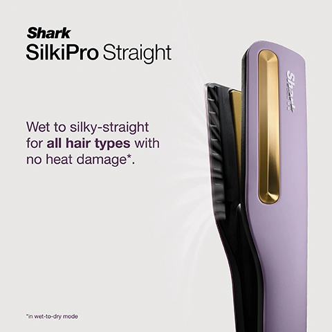 Image 10 - A person is styling their long dark hair with a purple hair tool, with text that reads DRY STYLING and Versatile Styling Straighten, shape or curl to create your own style. Image 11 - A woman with long, dark, straight, glossy hair looks upward and right, with text Shark SilkiPro Straight. Image 12 - Two women are shown from the chest up, one with blonde hair and the other with long, dark, straight hair, with the text Shark SilkiPro Straight in the top right. Image 13 - The image displays a purple Shark branded travel case, a purple wet-to-dry straightener with gold accents, a light purple wide tooth comb, and two black comb attachments on a dark purple background, with text reading WHATS IN THE BOX and Includes Wet-to-Dry Straightener & Hair Dryer, Wide Tooth Comb, Precision & Gentle Comb set, Heat-resistant Travel Case. Image 2 - A lavender and gold Shark SilkiPro Straight hair straightener with Shark branded vertically on its side is shown with a light mist coming from its vents, next to the text Shark SilkiPro Straight Wet to silky-straight for all hair types with no heat damage* and *in wet-to-dry mode. Image 3 - A close-up of a purple Shark hair straightener with black accents and gold ceramic plates, slightly open, alongside text that reads HeatSense Ceramic Plates Integrated sensors measure heat 1000x per second, auto-adjusting temperature for no-heat-damage styling*. *in wet-to-dry mode. Image 4 - A close-up of a purple hair styling tool shows its side controls and swivel cord with text labels Airflow controls, Easily pause or adjust air flow, Temperature controls, Set and adjust heat settings, Swivel cord, Effortless styling no matter the angle. Image 5 - The image displays a Silki Smooth Comb Collection, featuring a purple wide tooth comb, a black precision comb with closely spaced teeth, and a black gentle comb with wider spaced teeth, along with descriptive text: Silki Smooth Comb Collection Wide Tooth Comb Use when pre-drying wet hair to stretch and detangle. Precision Comb Use to add more tension and control for a high shine and sleek finish. Gentle Comb Use to style damp or dry hair, for a natural straight style with body and movement. Image 6 - A four-panel image illustrates a woman demonstrating hair straightening with a purple styling tool, showing the process from textured hair to a sleek finish, with captions 1. PRE-DRY Wide-Tooth Comb + Wet Mode, 2. SMOOTH & STRAIGHTEN Gentle or Precision Combs + Wet Mode, 3. STYLE & SHINE With Gentle or Precision Combs + Dry Mode, and THE SILKY STRAIGHT RESULT Style that last all day. Image 7 - A person uses a lavender Shark hair straightener on their damp, wavy hair, with steam visible, next to text that reads WET-TO-DRY, Shark, Wet-to-Dry Straightening, High-velocity airflow + ceramic plates dries and straightens in one step without heat damage*, and *in wet-to-dry mode. Image 8 - A woman with long, dark hair uses a purple Shark hair styling tool, next to text that reads DRY STYLING, Dry Styling & Restyling Lock-in silky smooth shine that last all day. Refresh your style when you want-even if its not wash day. Image 9 - A woman uses a metallic purple Shark SilkiPro hair styling tool to dry her roots, with visible text reading Wet-To-Dry, Root Drying To dry roots clamp SilkiPro, set to Wet mode and direct airflow at your roots.