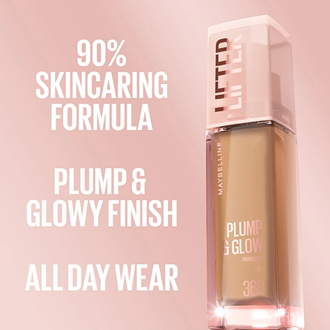 Image 1 - A light brown foundation bottle with a translucent pink cap and a sparkling base, labeled LIFTER on the cap, MAYBELLINE NEW YORK vertically, PLUMP & GLOW FOUNDATION, and 368, is set against a pink background with promotional text stating 90% SKINCARING FORMULA, PLUMP & GLOWY FINISH, and ALL DAY WEAR. Image 2 - A grid of four portraits shows women with different complexions and makeup looks, labeled SHADE 119, SHADE 120, SHADE 123, SHADE 129. Image 3 - The image displays swirling pink and tan cosmetic liquids with bubbles, overlaid with a light pink box containing the text: 2% NIACINAMIDE + HYALURONIC ACID FOR BRIGHTER, PLUMPER SKIN. Image 4 - The image is a four-panel visual guide for applying liquid foundation, showing a woman pumping foundation onto her hand, then with a stripe of foundation on her cheek, and finally blending it with a pink beauty blender, with the visible text HOW TO USE 1 PUMP 2 SWIPE 3 BLEND. Image 5 - The image displays two Maybelline New York Plump & Glow Foundation bottles, shade 368 (darker) and shade 120 (lighter) with the word LIFTER visible vertically on its side, next to the text: CLINICALLY TESTED TO VISIBLY IMPROVE: ✓ SKIN PLUMPNESS, ✓ SKIN RADIANCE, ✓ SKIN TEXTURE, ✓ SKIN TONE EVENNESS, ✓ OVERALL SKIN QUALITY. Image 6 - An image shows two Maybelline foundation bottles against a pink background, with a bronze arrow pointing from the left bottle to the right one, and the visible text reads IF YOU LIKED DREAM RADIANT... YOURE GOING TO LOVE LIFTER FOUNDATION. The left bottle displays Maybelline New York dream RADIANT LIQUID hydrating foundation fond de teint hydratant 12H Hydration Hydratation + Hyaluronic Acid + Collagen 45 Light honey / Miel, and the right bottle displays Maybelline New York LIFTER PLUMP & GLOW SPF 15 FOUNDATION FOND DE TEINT FPS 15 119 30ml / 1.01 fl.oz.