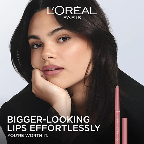Image 1 - A woman with dark hair wearing light pink lipstick poses with her hand under her chin, next to a pink lip liner pencil, with text reading LORÉAL PARIS, BIGGER-LOOKING LIPS EFFORTLESSLY, YOURE WORTH IT, and on the pencil, LORÉAL PARIS BLURFILER PLUMPING LIP CONTOUR. Image 2 - A four-panel image displays a pink lipstick swatch and three models with varying skin tones wearing the lipstick, with the text 601 WORTH IT. Image 3 - A close-up shows a person applying a brown lip pencil to their lips, with the text Creamy Texture for Natural Soft-Focus and LOréal Paris visible on the product. Image 4 - Eight lip contour pencils in shades of pink, rose, brown, and berry are displayed horizontally with their tips facing each other, against a beige background. The text reads BLURRING LIP CONTOUR, SELF-BLUR TECHNOLOGY, and ULTRA BUILDABLE. Image 5 - A pinkish-brown makeup applicator with a rounded dome tip is shown, with text reading DOME TIP APPLICATOR and labels pointing to the tip stating ULTRA SMOOTH EASY APPLICATION. Image 6 - An image displaying a brown BLURFILLER BLURRING LIP CONTOUR pencil and an open tube of PLUMP AMBITION HYALURONIC LIP OIL with swatches, next to a circular emblem that says PAIR IT UP WITH PLUMP AMBITION, and three close-up images of lips showing effects labelled BLUR, FILL, and PLUMP. Image 7 - A grid displays four lipstick shades, each applied to three different skin tones, with text labels: 601 WORTH IT, 570 WORTH IT INTENSE, 485 NUDE ESPRESSO, and 535 BROWN CARAMEL. Image 8 - Six close-up images of lips, with the top row showing a medium nude-pink lipstick on three different skin tones and the bottom row showing a deep burgundy red lipstick on three different skin tones, along with the text 635 WORTH IT MEDIUM and 530 BORDEAUX BISOUS.