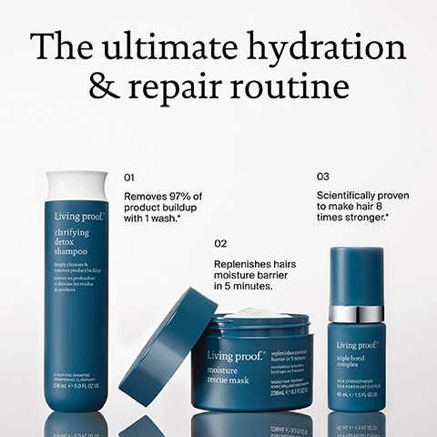 Image 10 - A persons hands are shown holding an open blue jar of Living proof. moisture rescue mask with a finger touching the creamy contents, and overlaid text How to use, 01 Post-shampoo apply, 02 Leave on for 5 minutes, 03 Rinse, as well as jar text replenishes moisture barrier in 5 minutes reconstitue la barriere hydrique en 5 minutes weekly soin-care 236ml. Image 3 - Three dark blue Living Proof hair products, a clarifying detox shampoo, a moisture rescue mask, and a triple bond complex, are displayed on a white surface with accompanying text that reads The ultimate hydration & repair routine, 01 Removes 97% of product buildup with 1 wash.*, 02 Replenishes hairs moisture barrier in 5 minutes., and 03 Scientifically proven to make hair 8 times stronger.*, plus Living Proof clarifying detox shampoo deeply cleanses & removes product buildup shampooing clarifiant 236 mL e 8.0 FL OZ US, Living proof. moisture rescue mask replenishes moisture barrier in 5 minutes weekly hair treatment 236 mL e 8 FL OZ US, and Living proof. triple bond complex hair strengthener 45 mL e 1.5 FL OZ US. Image 4 - A hand holds an open teal lid above a jar of Living Proof Moisture Rescue Mask, which is full of white product, with visible text on the right listing Key benefits: + LOCKS IN SOFT, SMOOTH SILKY + SHINY HAIR, + REVIVES DULL, DRY HAIR, + PROTECTS FROM DRYNESS UP TO 3 WASHES, + TAMES FLYAWAYS, and text on the jar: Living proof. moisture rescue mask, replenishes moisture barrier in 5 minutes, reconstitue la barrière hydrique en 5 minutes, WEEKLY HAIR TREATMENT, SOIN CAPILLAIRE HEBDOMADAIRE, 236ML e 8.0 FL OZ. Image 5 - A soft white background with gentle folds displays the text Breakthrough science SMART BARRIER HAIRTECH A biomimetic blend of hair essential lip that replenishes the moisture barrier and maintains long-lasting results. Image 6 - A hand holds a dark blue jar of hair mask covered in water droplets next to wet, dark, wavy hair, with the overlay text Scientifically proven to replenish hairs moisture barrier in 5 minutes, and the jar label reading Living proof. moisture rescue mask, replenishes moisture barrier in 5 minutes, reconstitue la barrière hydrique en 5 minutes, WEEKLY HAIR TREATMENT, SOIN CAPILLAIRE HEBDOMADAIRE, 236mL e 8.0 FL. OZ US. Image 7 - A before and after comparison shows the back of a persons light brown hair, with the left side appearing frizzy and dull, and the right side looking smooth and shiny, with visible text reading The proof, BEFORE, AFTER, Moisture Rescue Mask. Image 8 - A person with wet, curly hair is shown in a shower, holding an open blue jar of Living proof moisture rescue mask and dipping their fingers into it, with text overlaying After 1 use, 92% felt smoother hair after 1 use.*, and 90% felt more moisturised hair after 1 use.* Image 9 - A before-and-after image displays dark brown hair, showing a frizzy and dull appearance on the left and a smooth and shiny appearance on the right, with text that reads The proof, BEFORE, AFTER, and Moisture Rescue Mask.