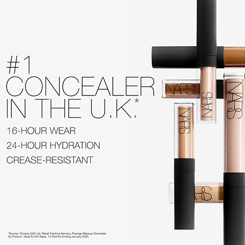 Several NARS Radiant Creamy Concealer tubes in various shades are arranged on a white background, alongside text that reads: #1 CONCEALER IN THE U.K.* 16-HOUR WEAR 24-HOUR HYDRATION CREASE-RESISTANT *Source: Circana (UK) Ltd, Retail Tracking Service, Prestige Makeup Concealer by Product, Value & Unit Sales, 12 Months Ending January 2025.