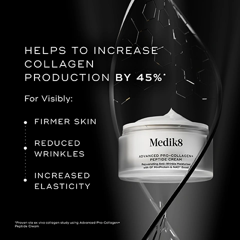 Image 1 - A white jar of Medik8 Advanced Pro-Collagen+ Peptide Cream is displayed on a dark background with abstract geometric and liquid elements, featuring text that reads HELPS TO INCREASE COLLAGEN PRODUCTION BY 45%* For Visibly: FIRMER SKIN REDUCED WRINKLES INCREASED ELASTICITY, and the product label reads Medik8 ADVANCED PRO-COLLAGEN+ PEPTIDE CREAM Rejuvenating Anti-Wrinkle Moisturiser with GF MiniProtein & NAD+ Boost, with an asterisked note at the bottom *Proven via ex vivo collagen study using Advanced Pro-Collagen+ Peptide Cream. Image 2 - A split image compares a womans face before and after 7 days of treatment, showing more wrinkles around her eye and forehead on the left labeled BEFORE and visibly reduced wrinkles on the right labeled AFTER 7 DAYS, with additional text 7 Days to visibly reduce the depth of wrinkles, *Proven via independent clinical study on Advanced Pro-Collagen+ Peptide Cream on 60 volunteers over 1 week, and a white jar labeled Medik8 ADVANCED PRO-COLLAGEN+ PEPTIDE CREAM Rejuvenating Anti-Wrinkle Moisturiser with GF MiniProtein & NAD+ Boost. Image 3 - A close-up profile of a womans face with her eyes closed against a dark, subtly patterned background, accompanied by text that reads 89% agreed no new lines have formed since they started using the cream* and *Proven via independent consumer study on Advanced Pro-Collagen+ Peptide Cream on 113 volunteers over 4 weeks. Image 4 - The image shows white text against a black background with abstract translucent shapes, outlining key ingredients and their benefits: GROWTH FACTOR MINIPROTEIN™ For visible deep-set wrinkle reduction, NAD+ LONGEVITY BOOSTER To delay the visible signs of skin ageing, ANTI-A.G.E. PEPTIDE Helps the prevention of new lines and wrinkles. Image 5 - A before and after image shows a womans facial skin with visible texture and fine lines on the left labeled BEFORE, and smoother skin with reduced lines on the right labeled AFTER 28 DAYS, alongside the text CLINICALLY PROVEN RESULTS ON: Smoothness, Firmness & Texture, and a white jar of Medik8 ADVANCED PRO-COLLAGEN+ PEPTIDE CREAM Rejuvenating Anti-Wrinkle Moisturiser with GF MiniProtein & NAD+ Boost. Image 6 - The image shows a Medik8 skincare layering guide titled HOW TO LAYER, featuring an AM routine with a sun icon for Cleanse using Medik8 Surface Radiance Cleanse Resurfacing AHA/BHA Mangosteen Cleansing Gel 150ml / 5.0 fl. oz., Vitamin C using Medik8 C-Tetra Advanced 20% Vitamin C + C-Tetra Serum Brighten & Age Defence with Phyto Exosomes 30ml / 1.0 fl. oz., Moisturise using Medik8 Advanced Pro-Collagen+ Peptide Cream Rejuvenating Anti-Wrinkle Moisturiser with GF MiniProtein & NAD+ Boost, and Sunscreen using Medik8 Advanced Day Ultimate Protect Age-Defying Moisturiser with Blue Light & Pollution Shield SPF 50+ | PA++++ DAY 50ml / 1.6 fl. oz.; and a PM routine with a moon icon for Cleanse using Medik8 Surface Radiance Cleanse Resurfacing AHA/BHA Mangosteen Cleansing Gel 150ml / 5.0 fl. oz., Target using Medik8 Liquid Peptides Advanced MP Wrinkle Reduction Serum 30% Multi-Peptide Complex with Growth Factors Dual MiniProteins 30ml / 1.0 fl. oz., Vitamin A using Medik8 Crystal Retinal 6 Stable Retinal Night Serum Mid-Strength Vitamin A 30ml / 1.0 fl. oz., and Moisturise using Medik8 Advanced Pro-Collagen+ Peptide Cream Rejuvenating Anti-Wrinkle Moisturiser with GF MiniProtein & NAD+ Boost. Image 7 - A white Medik8 Advanced Pro-Collagen+ Peptide Cream jar, described as a Rejuvenating Anti-Wrinkle Moisturiser with GF MiniProtein & NAD+ Boost, is shown with a cream-filled refill pod suspended above it and its silver lid floating, promoting the products recyclable refill system with the visible text 94% LESS PACKAGING*, ENJOY MORE RESULTS BUT LESS WASTE WITH THE RECYCLABLE REFILL POD, and *When you buy the refill pod versus the full glass jar.