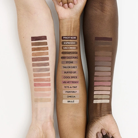 Image 1 - Three arms with fair, medium, and dark skin tones display fifteen rectangular makeup swatches each, with the middle arms swatches labeled: PINOT NOIR, ESPRESSO, UNCORKED, HODGEPODGE, BABY GOT MAC, STONE, TAILOR GREY, BUFFED UP, COOL SPICE, VELVET TEDDY, TETE-A-TINT, PAINTERLY, OMEGA, BRULE. Image 2 - A grid image shows three close-ups of different eyes wearing reddish-brown eyeshadow and a solid reddish-brown panel with white text that reads 24HR LIQUID EYE + FACE CONTOUR BUILDABLE + BLENDABLE COLOUR NATURAL CLOUD-MATTE FINISH. Image 3 - A 4x4 grid image features the text MIX & MATCH SHADES to sculpt your look in the top left cell, along with fifteen close-up photos of eyes demonstrating various makeup looks, each labeled with a shade name: BRULÉ, PAINTERLY, TETE-A-TINT, OMEGA, VELVET TEDDY, COOL SPICE, HODGE PODGE, TAILOR GREY, BUFFED UP, STONE, BABY GOT M·A·C, ESPRESSO, UNCORKED, PINOT NOIR.