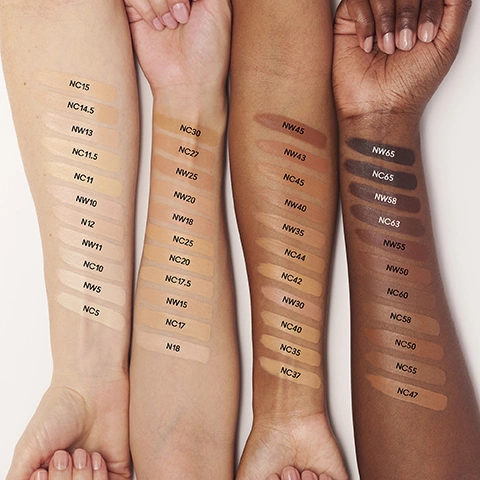 Image 1 - Four arms with varying skin tones from light to dark display foundation swatches labeled NC15, NC14.5, NW13, NC11.5, NC11, NW10, N12, NW11, NC10, NW5, NC5, NC30, NC27, NW25, NW20, NW18, NC25, NC20, NC17.5, NW15, NC17, N18, NW45, NW43, NC45, NW40, NW35, NC44, NC42, NW30, NC40, NC35, NC37, NW65, NC65, NW58, NC63, NW55, NW50, NC60, NC58, NC50, NC55, NC47. Image 2 - A before and after comparison shows a person with dark skin; the left image displays their natural skin, while the right image shows their skin appearing smoother and more even with an applied product, labeled BEFORE NW58 AFTER. Image 3 - A grid of nine headshots showcasing individuals with diverse dark skin tones, each labeled with a foundation shade: NW65, NC65, NW63, NC60, NW58, NC58, NW55, NC55, NW50.