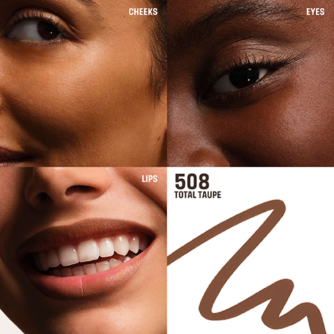 The image displays four sections: a close-up of a persons cheek labelled CHEEKS, a close-up of an eye labelled EYES, a close-up of a smiling mouth labelled LIPS, and a swirled brown makeup swatch labelled 508 TOTAL TAUPE.