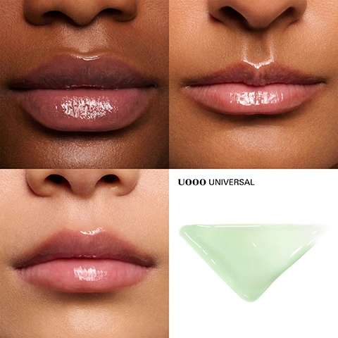 Image 1 - Three close-up images of womens lips with various skin tones wearing clear lip gloss, next to an image showing a triangular swatch of light green liquid and the text U000 UNIVERSAL. Image 2 - A close-up shows a person with dark skin applying shiny lip gloss to their pinkish-nude lips with a light green applicator, with the text TRIANGLE APPLICATOR FOR PRECISE APPLICATION. Image 3 - A reddish-brown Prada lip gloss tube with a silver cap and a detached applicator wand stands upright next to it, against a pink gradient background, with the visible text Prada DELIVERING THE REFLECTIVE SHINE OF A GLOSS AND THE HYDRATING CARE OF A BALM.