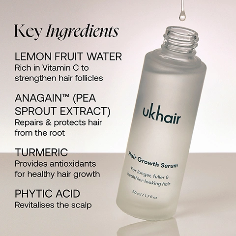 Image 1 - A frosted clear bottle of ukhair Hair Growth Serum with a droplet falling from an eyedropper is displayed next to text listing Key Ingredients: Lemon Fruit Water Rich in Vitamin C to strengthen hair follicles, Anagain (Pea Sprout Extract) Repairs & protects hair from the root, Turmeric Provides antioxidants for healthy hair growth, and Phytic Acid Revitalises the scalp, for longer, fuller & healthier-looking hair, in a 50 ml / 1.7 fl oz bottle. Image 2 - A hand holds a light green detangling hairbrush on the right, next to text on the left detailing its features and awards: Key Features, WIDE-SPACED TEETH For less pulling & tugging, LESS TENSION To minimise breakage, QUICK & EFFORTLESS Detangling, SAFE FOR Wet & dry hair, BEST OF BEAUTY allure THE BEAUTY EXPERT 2025 AWARD WINNER, BEAUTY GROUP COSMOPOLITAN UK AWARDS. Image 3 - The image illustrates a hair care routine in two steps: a light green hairbrush gently combs dark hair near the hairline, and a dropper applies serum to a scalp with dark hair, alongside the instructions Two Icons. One Routine. 1 Use an Extra Gentle hairbrush, to reduce tension and breakage. 2 Apply 1-2 pipettes of the Serum to the scalp (1-4 smaller drops if targeting a specific area). 3 Massage Serum into the scalp & wait to dry before styling. Image 4 - A before and after comparison showing a persons temple area with sparse hair labeled before at the top and thicker hair labeled after at the bottom, with additional text *Based on a 3 month consumer study of UKHAIR Hair Growth Serum with 50 participants. Results may vary. Image 5 - Close-up of dark brown hair with superimposed text that reads: 95% visibly reduced hair loss using the Hair Growth Serum*, 80% less breakage using the Hair Growth Serum*, 79% noticed less hair in Extra Gentle vs. their normal brush*, *Based on a 3 month consumer study of UKHAIR Hair Growth Serum with 50 participants. Results may vary, **Based on 219 UK & US female respondents after 2 weeks of using the Extra Gentle Ultimate Detangler Hairbrush (2023).