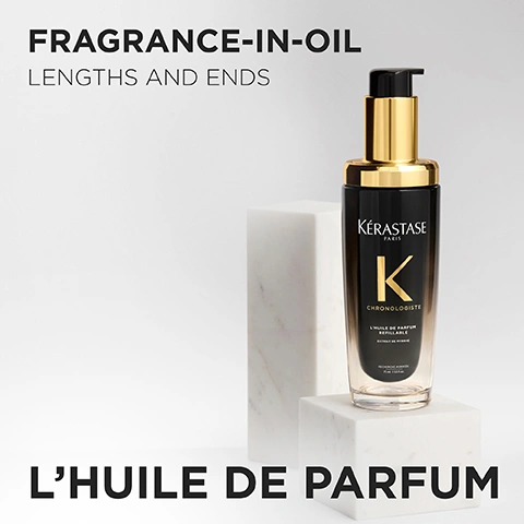 Image 1 - A Kérastase Chronologiste LHuile de Parfum hair oil bottle with a black and gold pump dispenser is displayed on two white marble blocks, with the visible text FRAGRANCE-IN-OIL LENGTHS AND ENDS LHUILE DE PARFUM KÉRASTASE PARIS K CHRONOLOGISTE LHUILE DE PARFUM REFILLABLE EXTRAIT DE MYRRHE RECHERCHE AVANCÉE 75 ml 2.53 fl.oz. Image 2 - A close-up of a large, clear, glistening drop of liquid on a white background, with the text OIL TEXTURE LHUILE DE PARFUM. Image 3 - The image shows a bouquet of white, pink, orange, and yellow freesias with water droplets, red gem-like crystals, and red leaves against a black background, accompanied by text that reads PARIS COUTURE REVITALISING & SENSUAL FRAGRANCE FREESIA, BERGAMOT & MUSK ACCORD NOTES. Image 4 - An abstract image displays glossy black spheres, one of which glows golden, with the visible text INGREDIENTS, PRO-XYLANE TM, OCHROPHYTA, and ALGAE. Image 5 - A persons hand, adorned with gold rings, presses the pump of a Kérastase Chronologiste hair oil bottle, causing golden oil to drip, while accompanying text outlines usage instructions: HOW TO USE FOR THE BEST RESULT? POST-BLOW DRY USE THE PRODUCT AFTER BLOW DRYING AND HEAT STYLING TO LEAVE THE HAIR INTENSELY FRAGRANCED WITH A STRONG LONG-LASTING EFFECT FINISHING WORK INTO THE ENDS OF THE HAIR TO PROVIDE A RADIANT FINISH TOUCH-UP APPLY A DROP TO ENDS THROUGHOUT THE DAY FOR A STRONG LONG-LASTING EFFECT, and the bottle label reads KÉRASTASE PARIS K CHRONOLOGISTE LHUILE DE PARFUM REFILLABLE EXTRAIT DE MYRRHE RECHERCHE AVANCÉE 75 ml 2.53 fl.oz. Image 6 - A woman with long, wavy brown hair and light highlights looks directly at the camera, accompanied by text CHRONOLOGISTE, YOUTH REVITALISING CARE, HELPS REVERSE 5 SIGNS OF AGING IN 1 NIGHT*, WAKE UP TO FULLER, SMOOTHER, HEALTHIER HAIR**, *Instrumental test after application of Serum on dryness, dullness, lack of volume, thickness & frizz, **Consumer test after application of Bain + Mask + Night Serum, 90 consumers. Image 7 - An image illustrating a 3 step process to easily refill a Kérastase Chronologiste bottle, showing step 1: twist and pull up the pump, step 2: press down to refill, and step 3: twist to lock the pump, with visible text: EASILY REFILL YOUR BOTTLE OVER & OVER, 3 STEPS PROCESS, Kérastase Paris, K Chronologiste, LHUILE DE PARFUM REFILLABLE, EXTRAIT DIMMORTELLE, RECHERCHE, 75 ml 2.5 fl. oz. Image 8 - Four Kérastase Chronologiste hair care products in black and gold packaging are displayed, representing a routine with steps labeled 1. Bathe, 2. Treat, 3. Style, 4. Night, and the text CHRONOLOGISTE REVITALISING ROUTINE FOR HAIR WEAKENED BY SIGNS OF AGING is prominently shown above them.