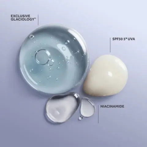 Blue SPF50 primer bottle with text highlighting advanced sun protection and reduced visible skin aging within minutes of use. Cream texture background with text noting fast-absorbing, lightweight feel, no white cast, and ideal base for makeup application. Full skincare routine set with cleanser, serum, moisturizer, eye patches, and SPF primer displayed in coordinated blue packaging. Two blue bottles labeled serum and SPF50 primer described as a power duo to help reduce visible signs of skin aging over time. Gel and cream droplets labeled niacinamide and SPF50 UVA with glaciology branding, highlighting key skincare ingredients and protection.