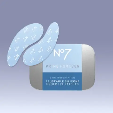 Two blue silicone under-eye patches with text noting reusable, lightweight design that helps refresh and depuff the under-eye area Reusable silicone under-eye patches displayed with metal case labeled skincare product for under-eye treatment and reuse. Full skincare routine set with cleanser, serum, moisturizer, eye patches, and SPF primer arranged in coordinated blue packaging. Open metal case with silicone eye patches and text explaining use with serum to boost hydration and support under-eye skin care.