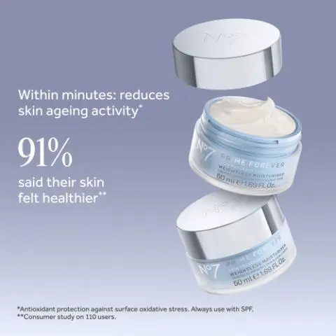 Open No7 face cream jars with silver lids; text claims reduced skin aging activity within minutes and 91% felt healthier skin. Three No7 Prime Forever serum bottles; text highlights advanced formula and claims reduced skin aging activity within minutes.